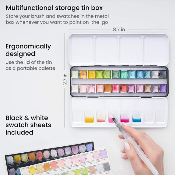 Metallic Watercolor Paint Set 24 Colors, Shimmering Watercolors in Half Pans wit - Picture 5 of 8